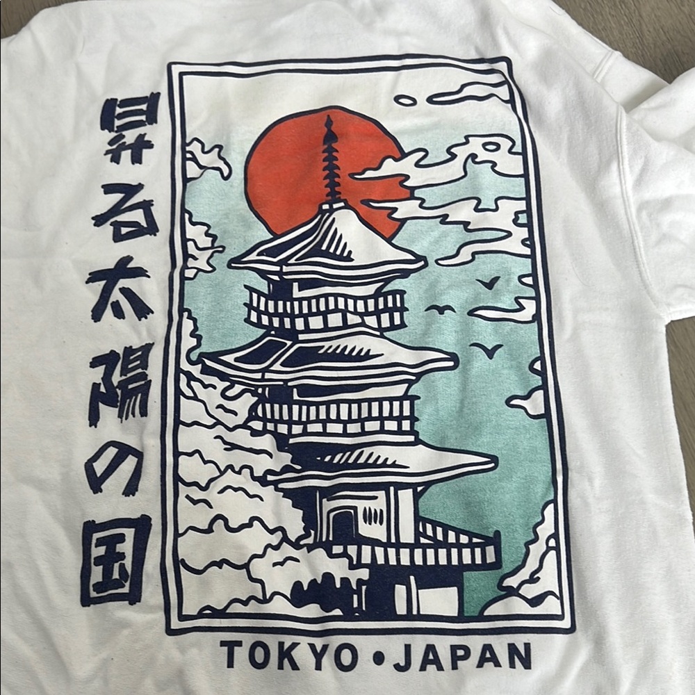 White Graphic Hoodie with Pagoda Design - Picture 4 of 5
